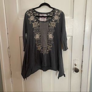 Johnny Was Medium Gray Embroidered Boho Tunic Top